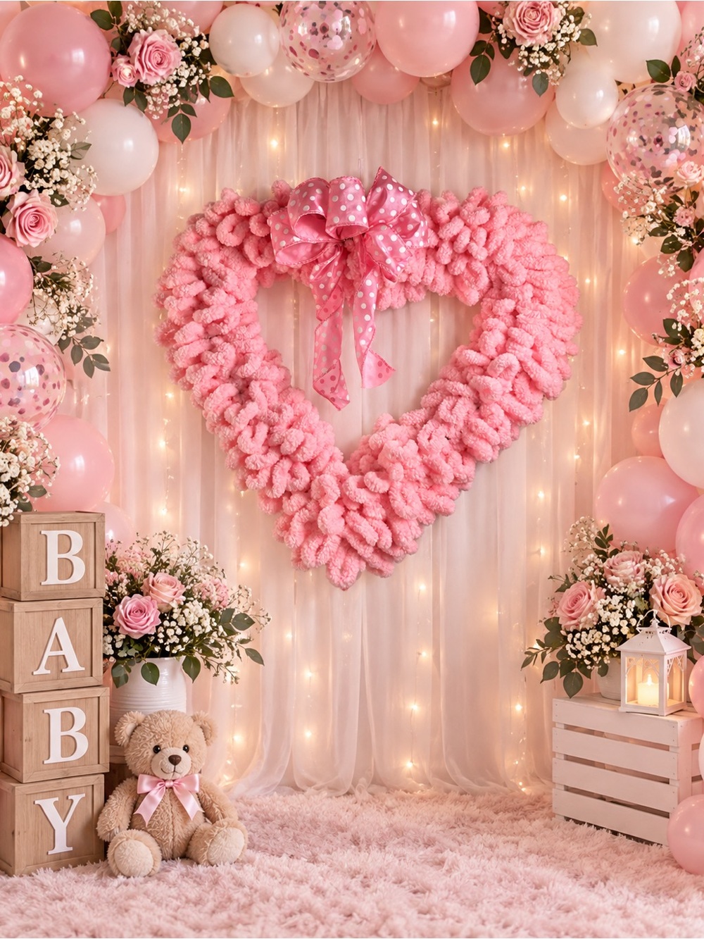 Hand Crafted Pink Heart-Shaped Wreath with Polka Dot Bow